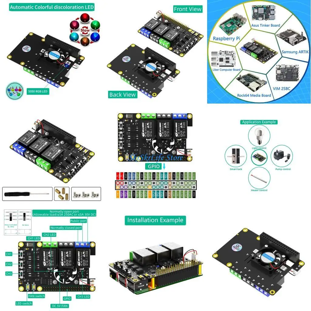 

E65E Power RelayBoard Expansion Module with Cooling Fan for RPi A+ 3A+ 2B 3B 3B+ 4B Enhances Device Performances
