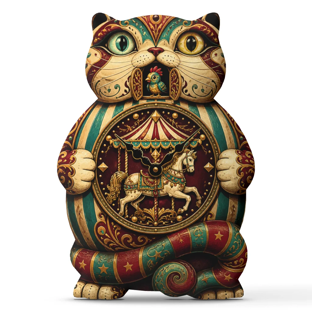 Carnival Cat Shaped Pillow Whimsical Funfair Clock Cushion Stuffed Plush Throw Pillow Maximalist Home Decor Gift Sofa Accent