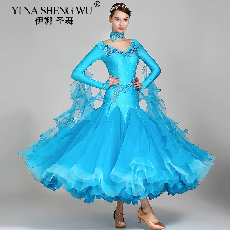 Woman Modern Dance Dress Ballroom Dancing Competition Clothes Waltz Performance V Neck Fluffy Hemline Dress Long Sleeves Dress
