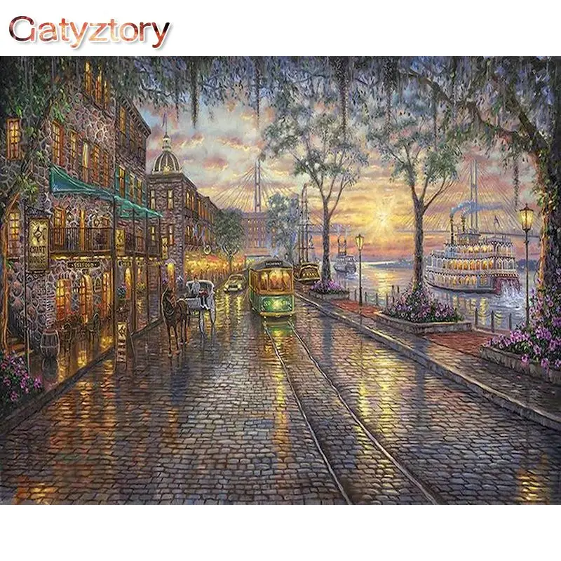 

GATYZTORY DIY Painting By Numbers For Adults Rainy Night Landscape Painting Hand Painted Unique Gift Home Decor Art Crafts