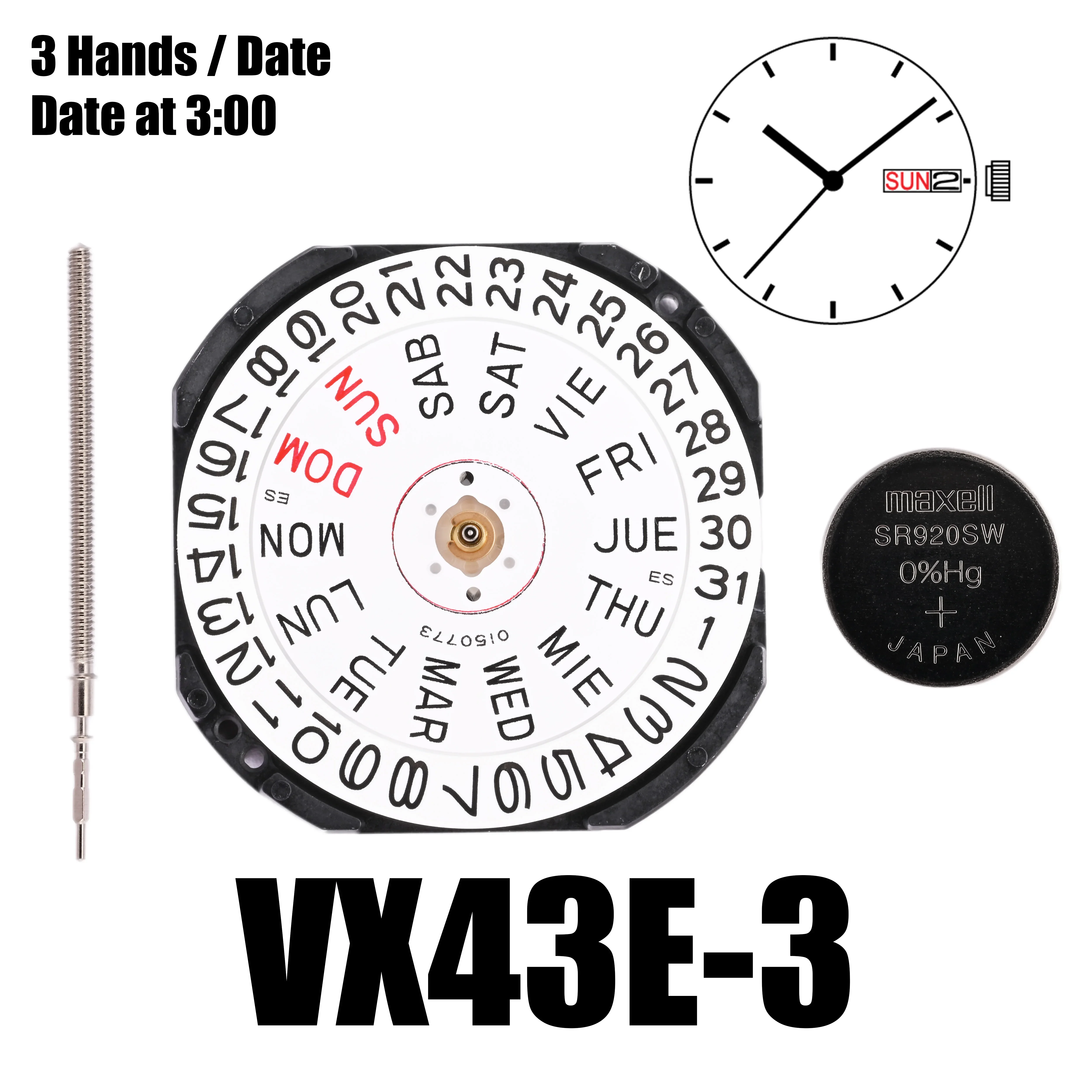 VX43 Movement Epson VX43 Movement  Japan Genuine VX Calendar Series VX43E-3  Size:11 1/2''' 3 Hands/Day/date display at 3:00