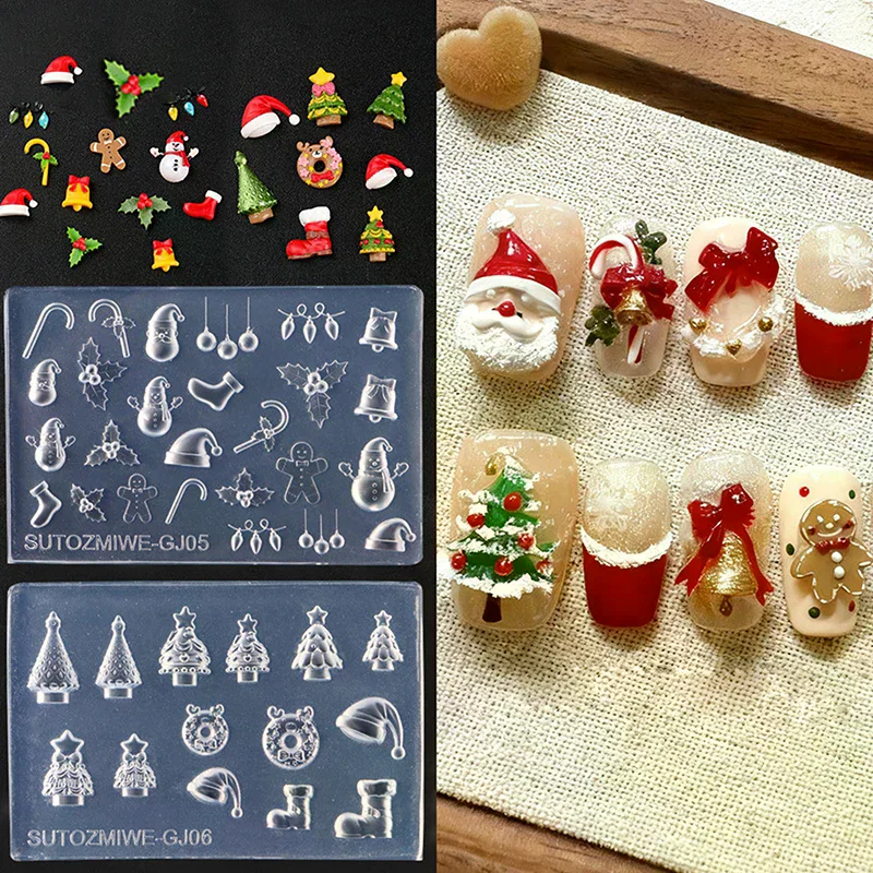 

3D Silicone Nail Mold For DIY Nail Art Christmas Tree Snowman Bell Gingerbread Man Transparent Design Template Manicure Tool