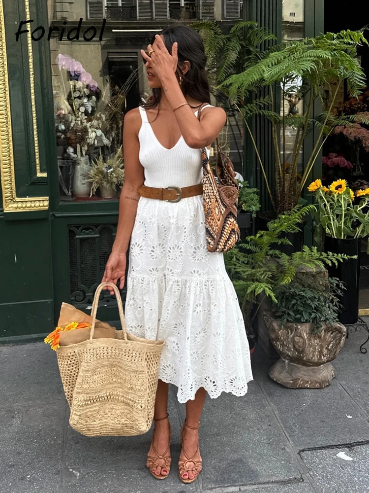 Spring Women Summer White Lace Dress Set Hollow Out Embroidery Shirt Skirt 2 Pcs Robe Outfits Single Breasting Cotton Maxi Dress