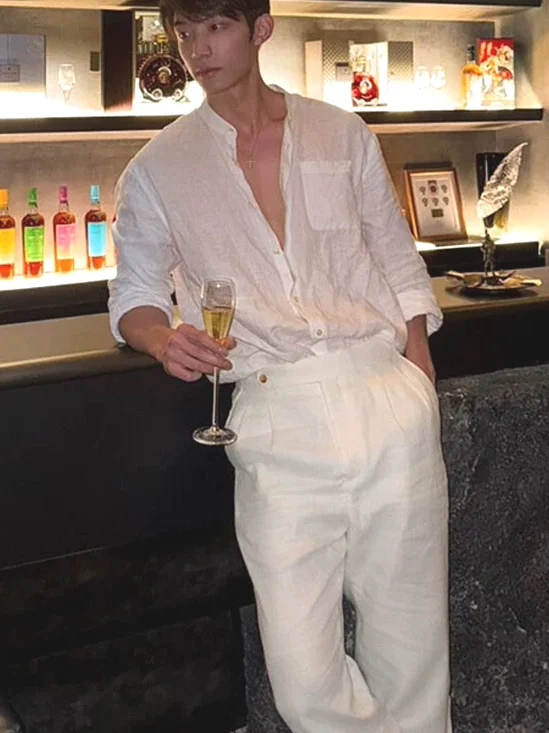 Slim Fit Long Sleeve Cotton Linen Shirt Men's Single Pocket Stand Collar Sun Protection Open Cardigan Breathable Modern Style