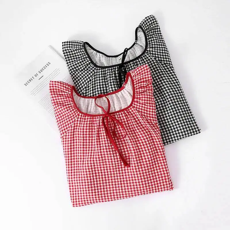 

Red Black Colors Checkered P[Rinted For Women Summer Cotton Short Sleeved Mid Length Thin And Loose Fitting Nightgown