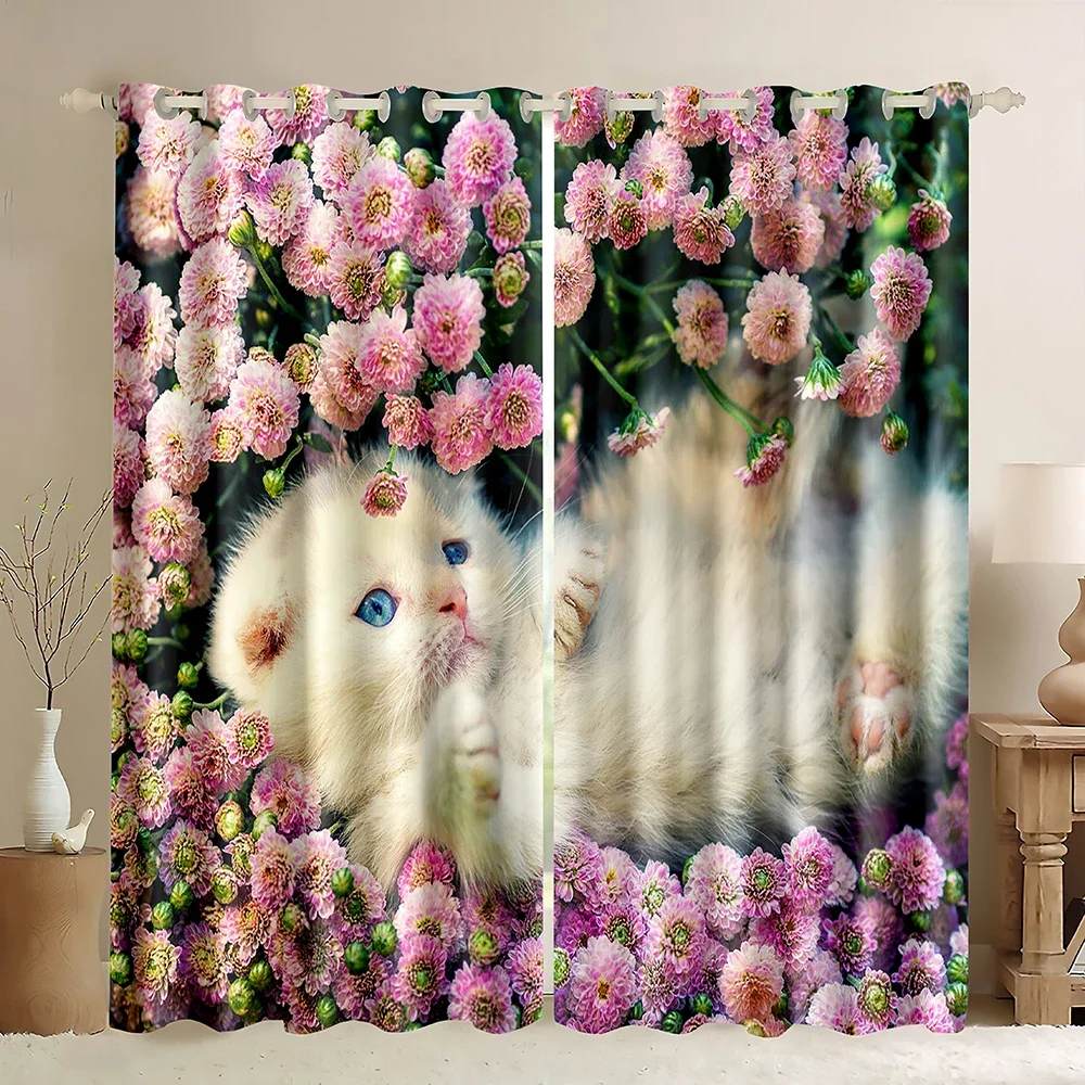 Blackout Curtains with Cats,Kitten With Blue Eyes Lies On Pink Flowers,Cute Room Decor for Girls Bedroom Thermal Window Curtains