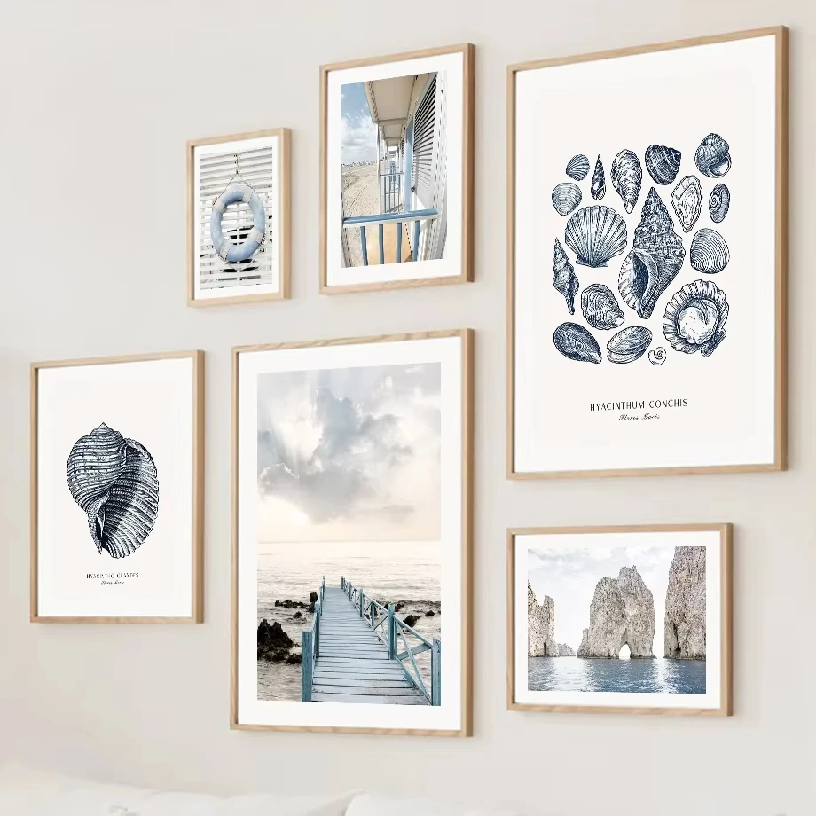 Ocean-Themed Wall Art Canvas Beach Hut Bridge Reed Starfish Conch Coral Artwork for Living Room Decor Beach Scene Posters Prints