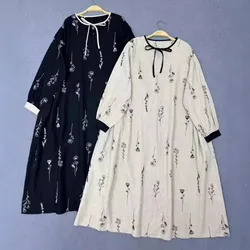 Johnature New Japanese Embroidery Strappy Cotton Linen Dress Women Spring Autumn 2024 Loose Simple Patchwork Dresses