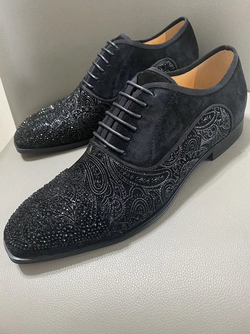 LOUBUTEN Black Men Suede Dress Shoes Rhinestone Shoes Fashion Lace-up Embroidery Formal Shoes Red Bottom Wedding Shoes