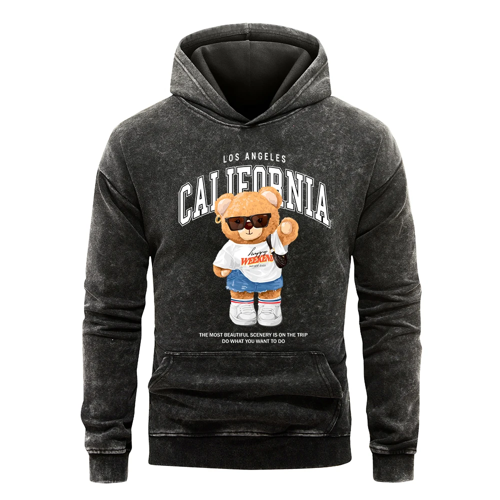 California Letter Trend Bear Print Men Washed Hoodies Distressed All-Match Hoody Casual Loose Hoodie Cotton Multicolor Pullover