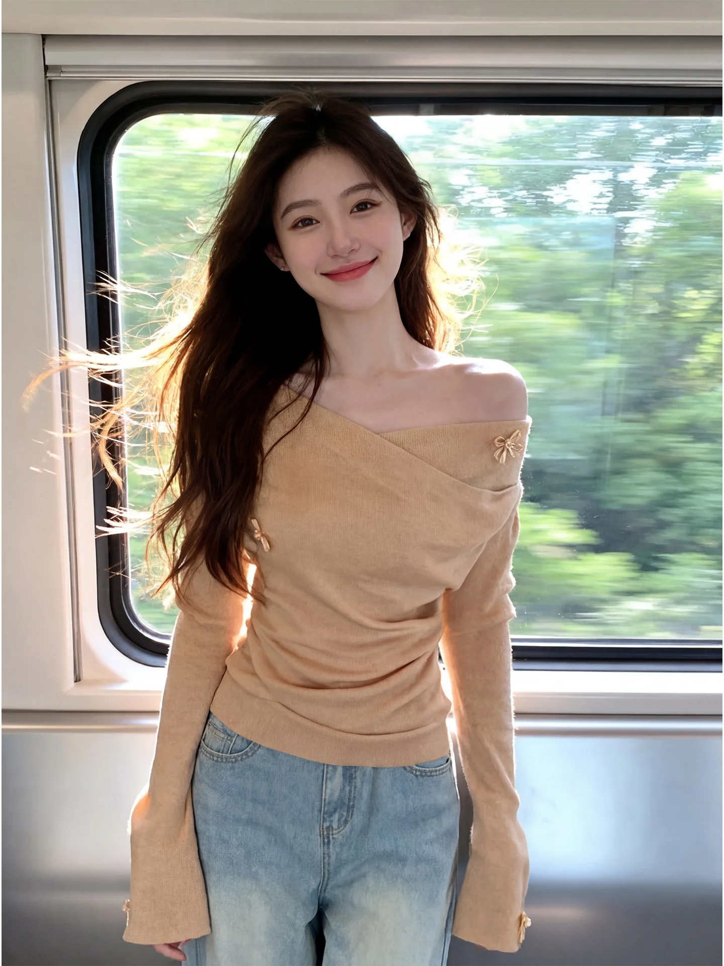 

Теплый оранжевый свитер для ранней весны, женский, с перекрестными лямками на плечах, повседневный стиль, с длинными рукавами, вязаный