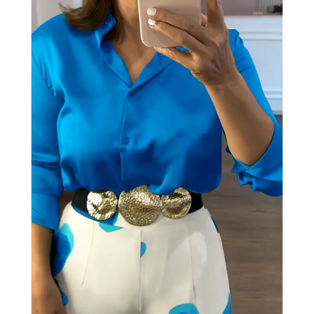 طقم سراويل نسائية مكونة من قطعتين بأكمام طويلة وبلوزة من الساتان بأكمام طويلة وسراويل واسعة الساق بطبعة زهور عالية الخصر