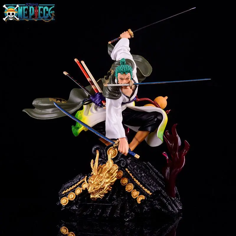 36cm New One Piece Figure Anime Gk Roof Kimono Roronoa Zoro Three-knife Fighting Skill Action Model Decorations Pvc Toy Gift