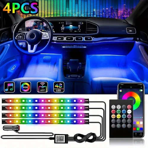 Tira de luces LED para Interior de coche, Kit de retroiluminación de neón con aplicación remota USB, Control de música, lámparas decorativas RGB automáticas