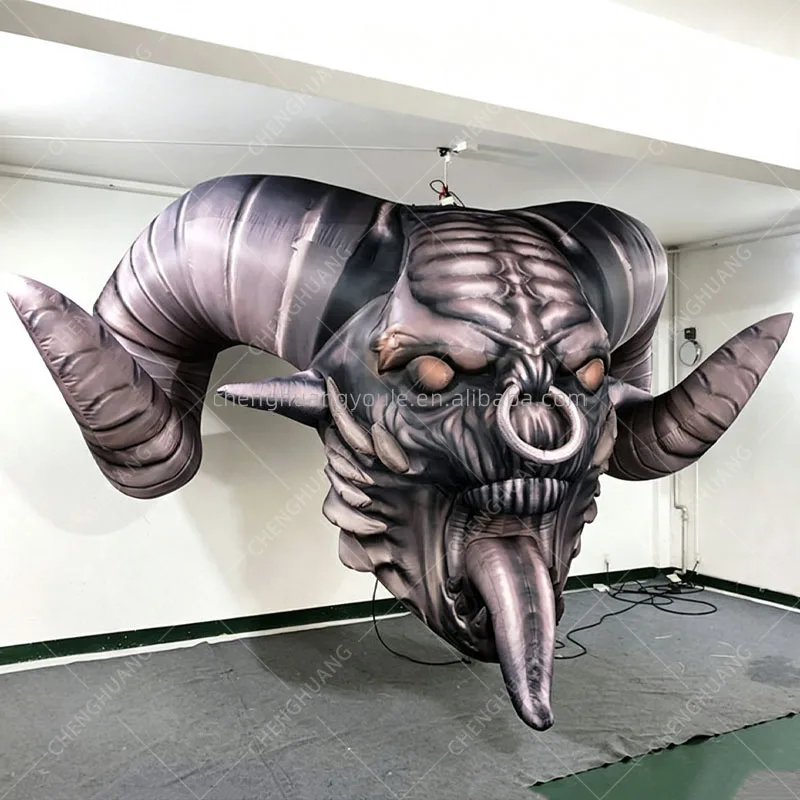 Giant Inflatable Monster With Cow Horns&White LED Glow Halloween DJ Nightclub Prop Scary Party Decor Haunted Event Display