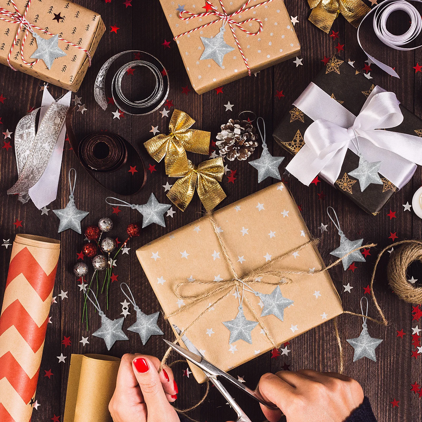 

24Pcs Delicate Star-Shaped Xmas Tree Pendants Holiday Hanging Decorations Festive Christmas Party Supplies PVC Ornaments