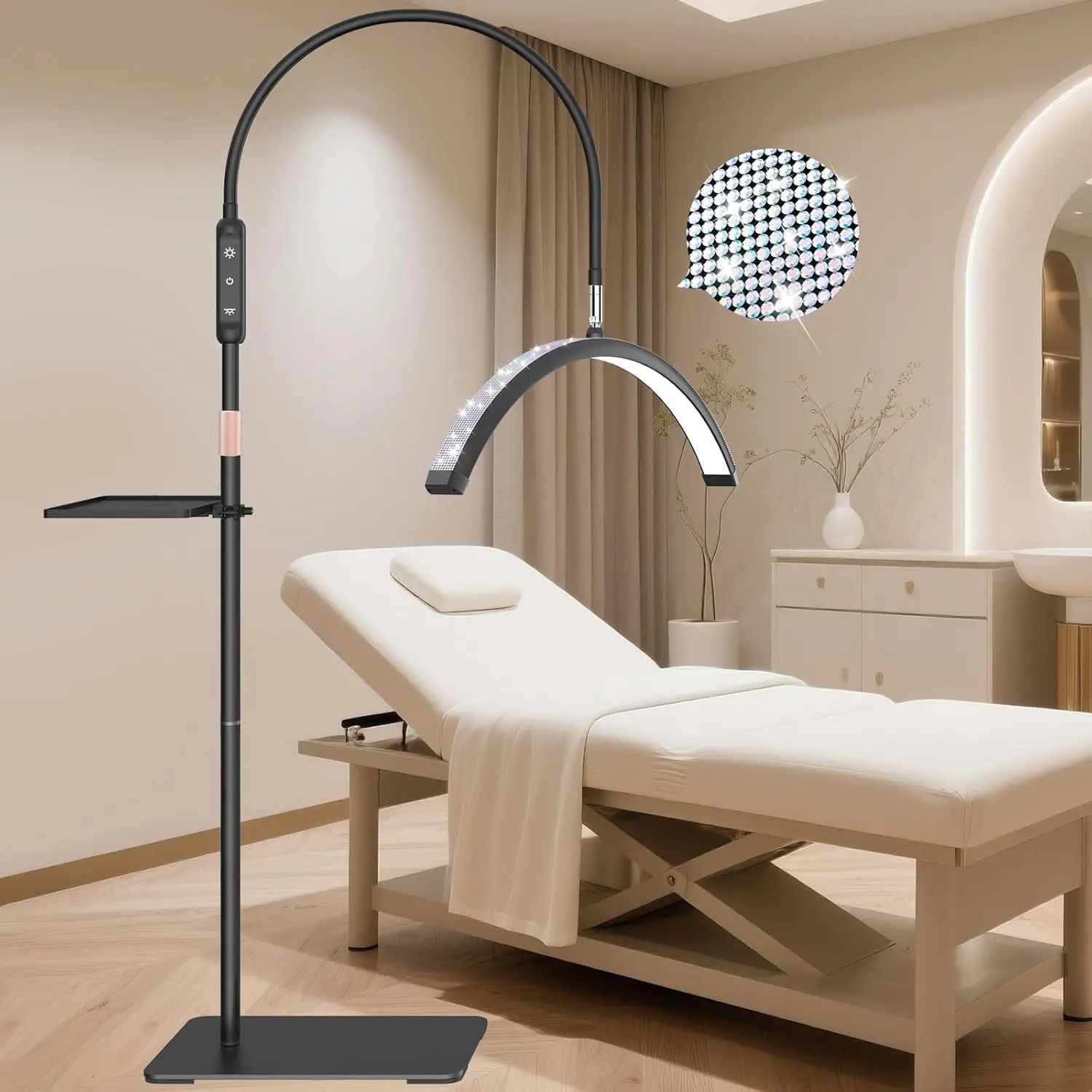 

Flexible Neck LED Half Moon Light for Eyelash Extensions, Tattoo Artists, with Stand Tray and Crystal Design
