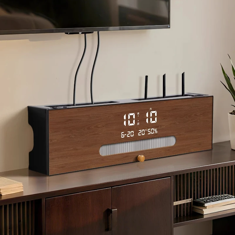 Mid Century Router Cover with Clock Retro Wifi Box Shelf Hidden Storage Organizer for Cable Box Vintage Wooden Electronics Shelf