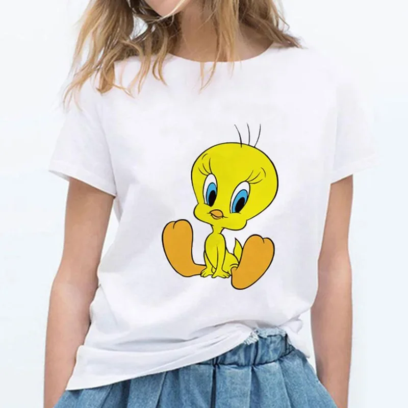 2023 TweetyBird Cartoon round Neck Printed White T-Shirt Short Sleeve Women's Cross-Border EBay Fashion Casual Comfortable Top