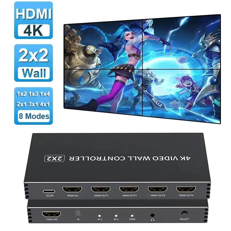 

Настенный видеоконтроллер 4K 2x2 HDMI, устройство для сращивания телевизора 1X2 1X4 1X3 3X1 4X1, устройство для сращивания нескольких мониторов, стробое вращение изображения на 180 °