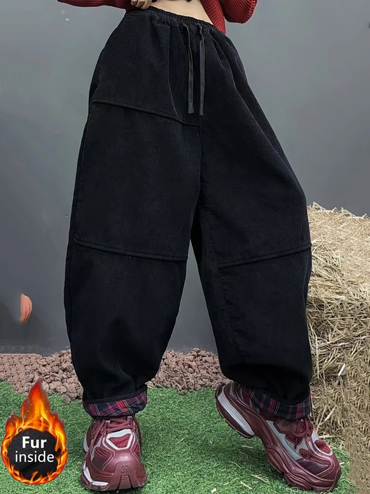 Amax luluE Winter Womens Corduroy Fur Pantalons Fashion Loose Harem Trousers Ladies Classic Casual Vintage Warm Thicken Clothing