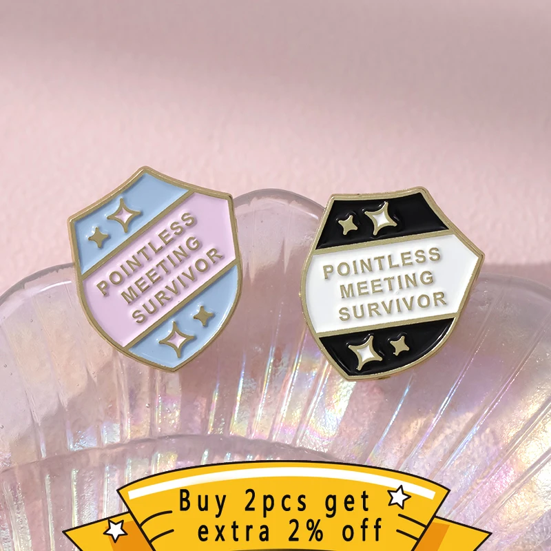 Pointless Meeting Survivor Enamel Pins Custom Cartoon Games Shield Brooches Lapel Badges Jewelry Gift For Kids Friends