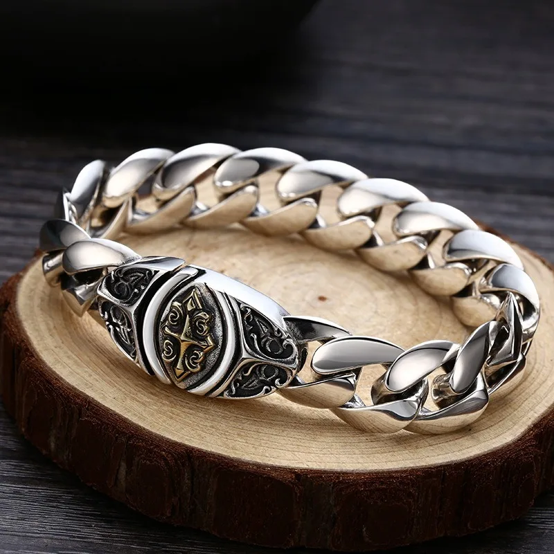 Mens Cuban Link Bracelet - Wide Hip Hop Chain with Cross Design, Vintage Gold Plated Jewelry