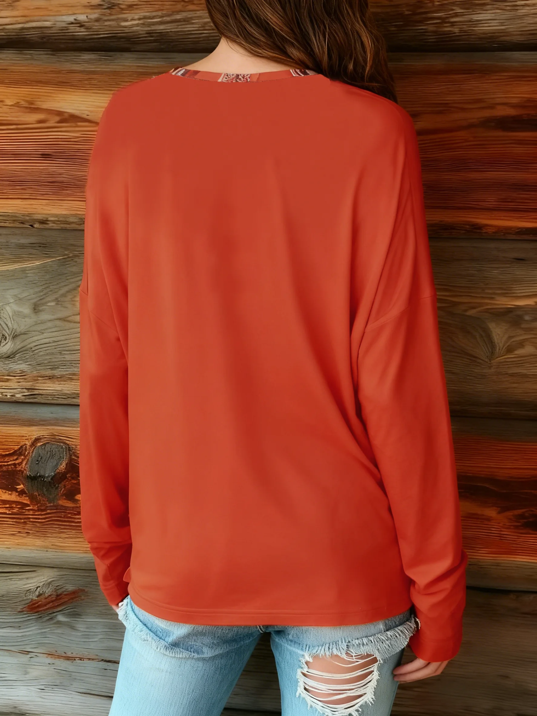 Women's Euro-American Long Sleeve Blouse | V-Neck Orange Red Ethnic Embroidery | Spring Autumn Daily Casual Wear