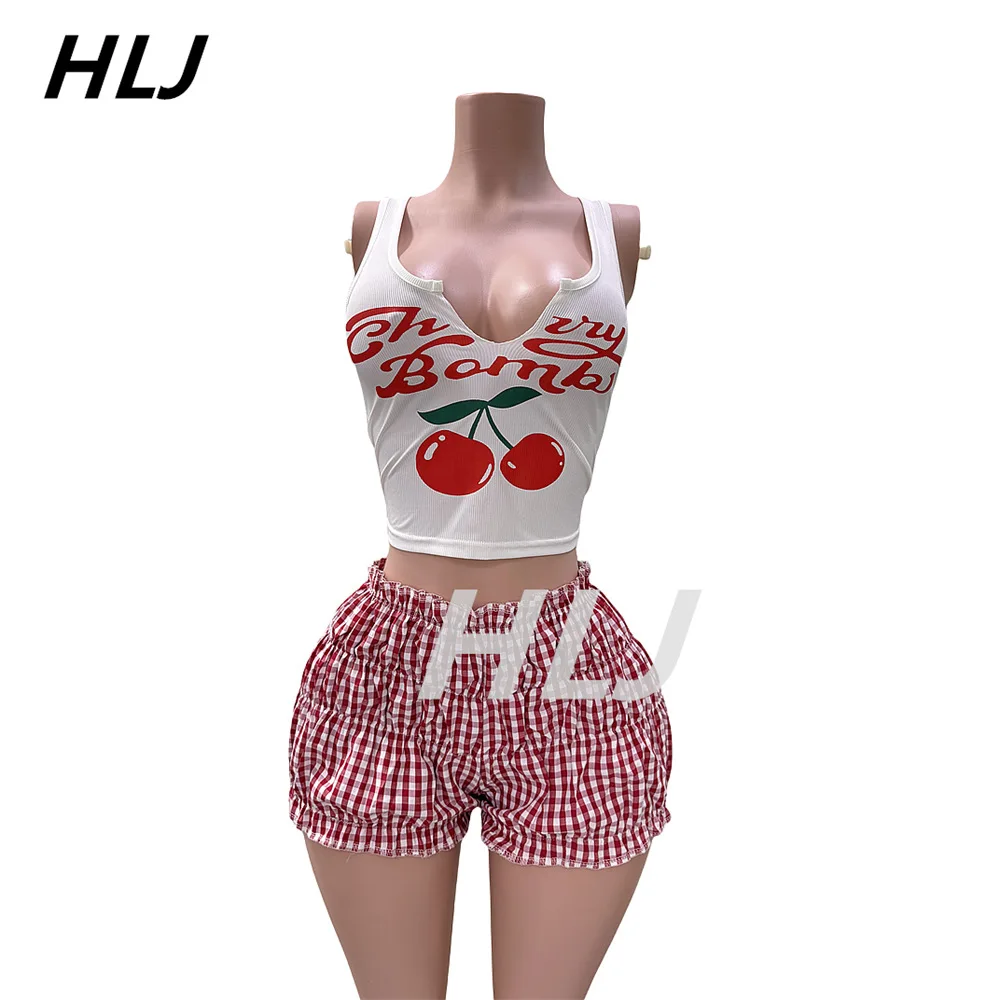 HLJ Y2K Cherry Print Fashion Ruffle Shorts Two Piece Sets For Women V Neck Sleeveless Tank Top And Ruched Shorts Street Outfits