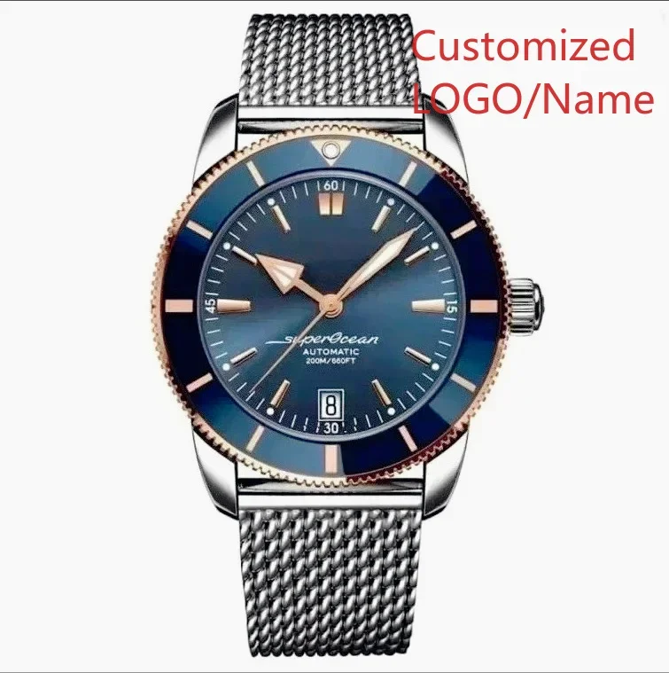 A1212 Store Customized Watches 46mm Sport Automatic Mechanical Watch for Men, Rose Gold Case, Black and Blue Rubber Strap view 5