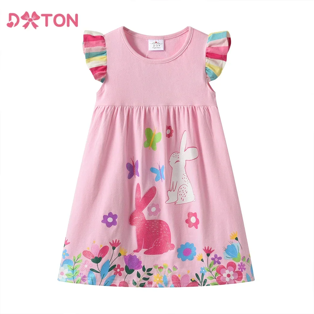 DXTON-vestidos de algodón para niños, vestido diario sin mangas con volantes para niñas, vestido veraniego de vacaciones rosa Floral de conejo para niños pequeños