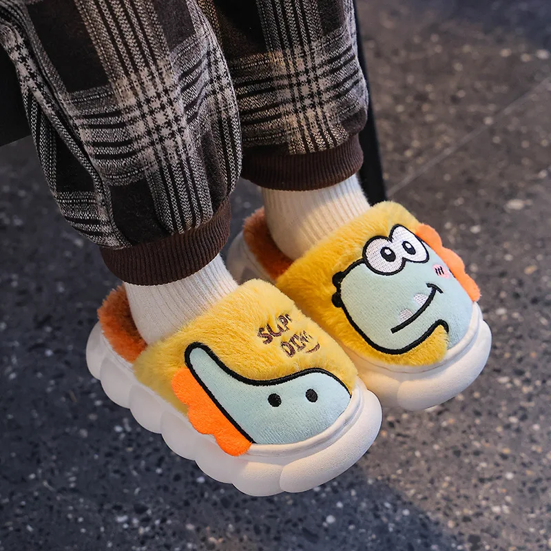 Cute Cartoon Dinosaur Children Plush Slippers Soft Sole Non-slip Winter Warm Baby Boys Girls Indoor Home Heel Wrap Cotton Shoes