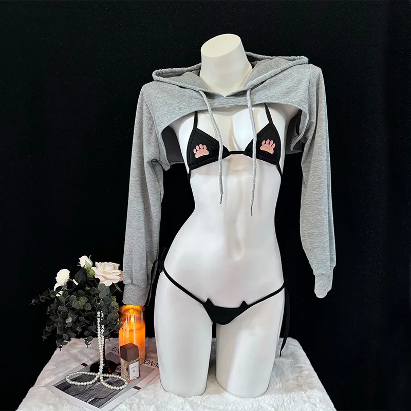 

Anime Paw Bikini Set Mini Hooded Suit Cosplay Costume Cat Girl Underwear Hollow See Through Role Play Outfits Lingerie Nightwear