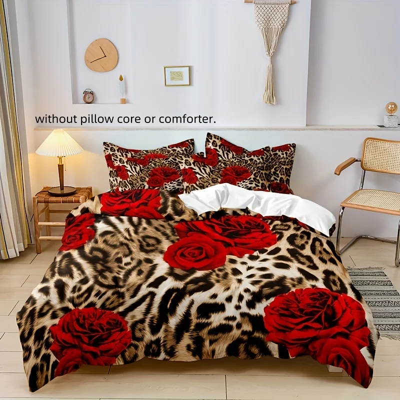 

3-Piece Rose Leopard Print Bedding Set - Soft & Comfortable for Bedroom or Guest Room