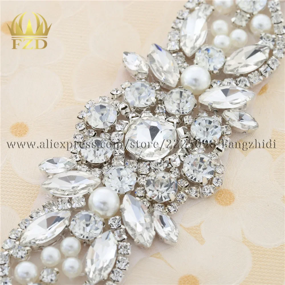 FZD (30pieces) Wholesale Handmade Hot Fix Crystal Sew On  Pearls Bridal Rhinestone Applique for Wedding Sash Belt Waistband DIY