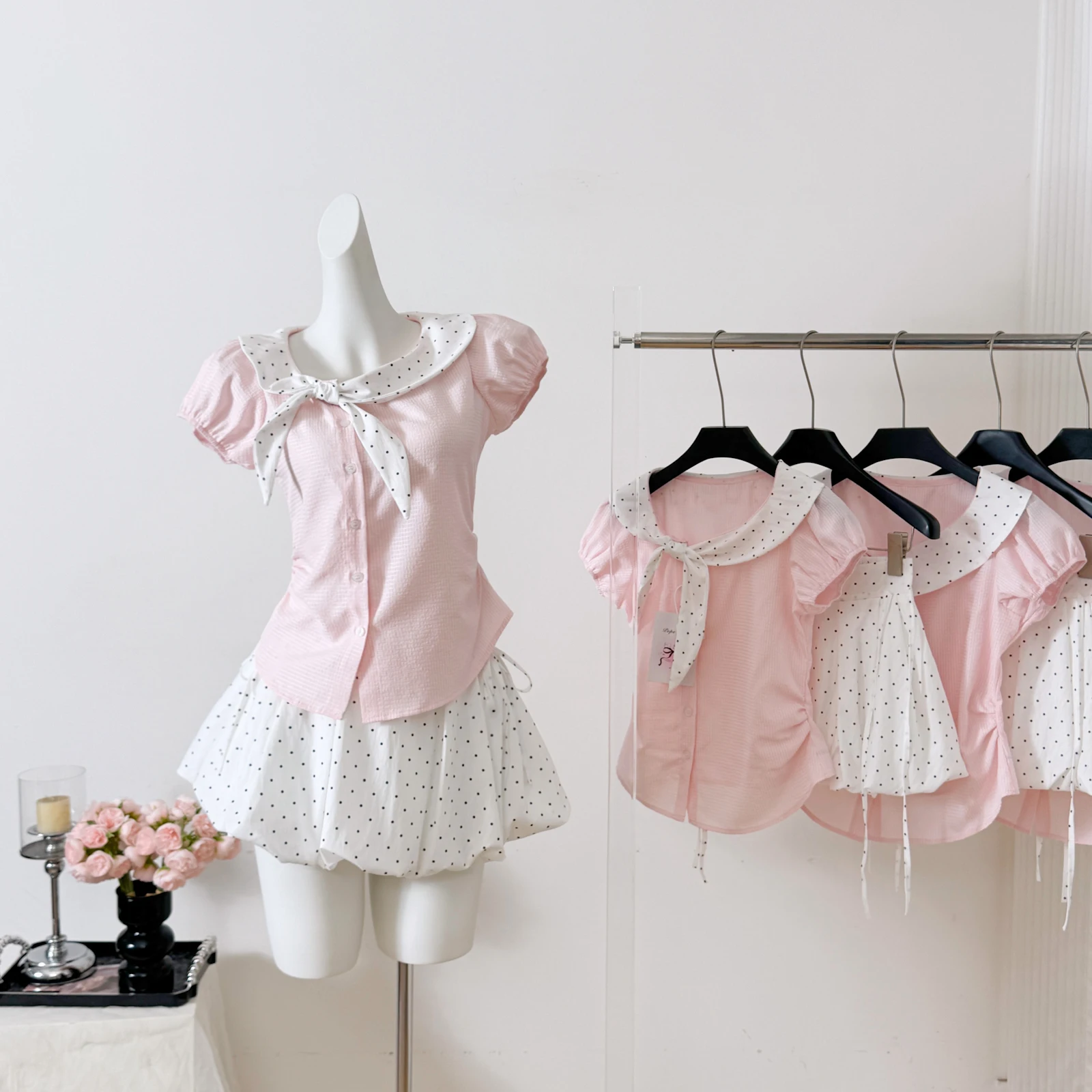 Kawaii Sweet Polka Dot Bow Tie Collar Puff Sleeve Slim Fit 2 Piece Mini Skirt Set Women Pink White Summer Casual Everyday Outfit