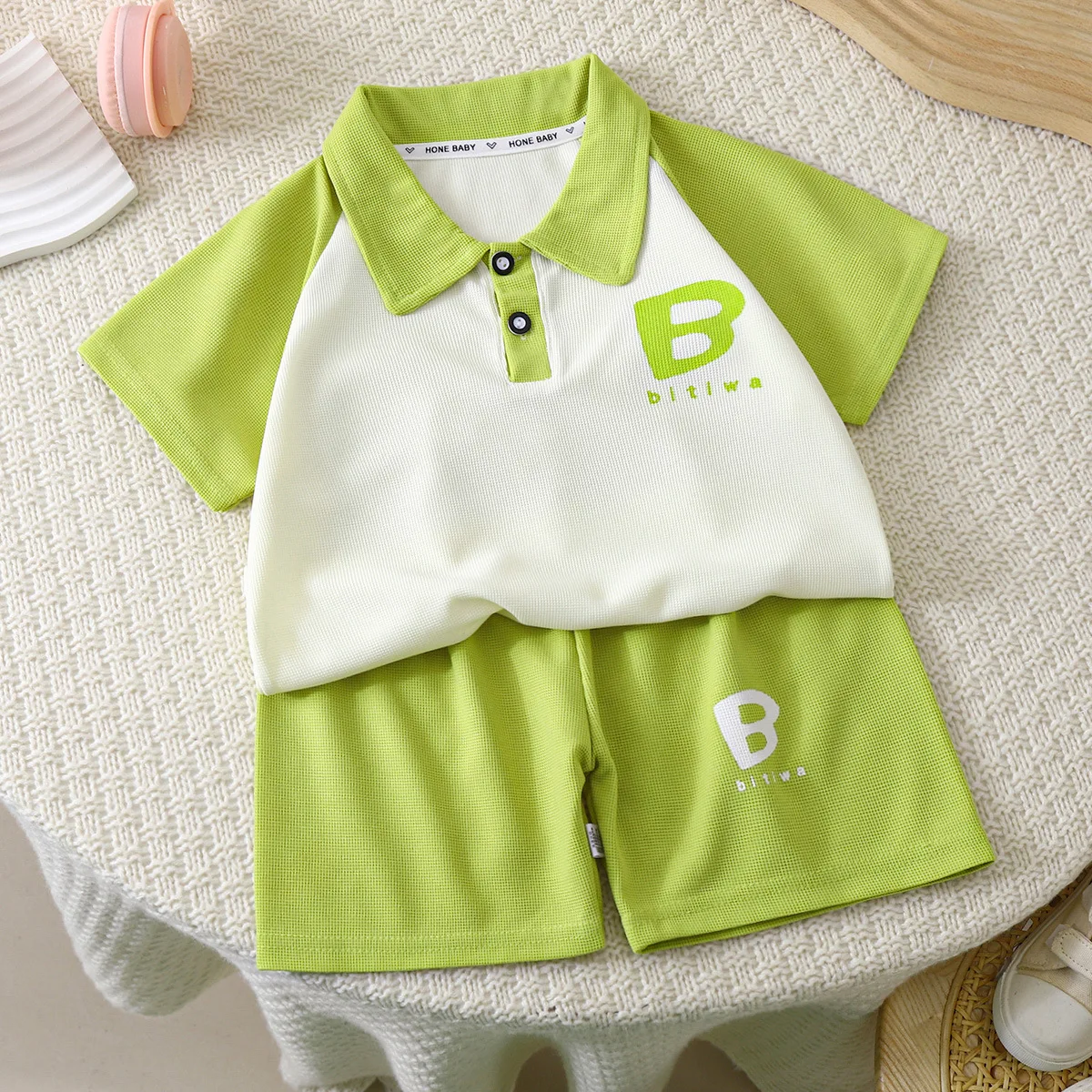 Children Short Sleeved Set Summer Boys Polo Collar Sportswear Waffle Fabric Fashion Girls Shorts Set Two Piece Kid Clothing