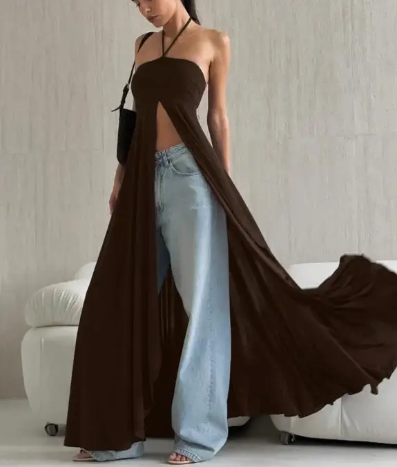 

Hanging Neck Slim Fit Elegant Sleeveless Strapless, Wide Slit Versatile Dress for Women