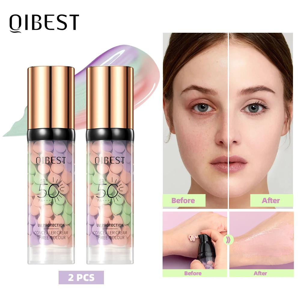 QIBEST 2 PCS Sets Liquid Concealer Three Color Mixed Isolation Lotion Moisturizing Skin Brightening Face Primer Base Foundation