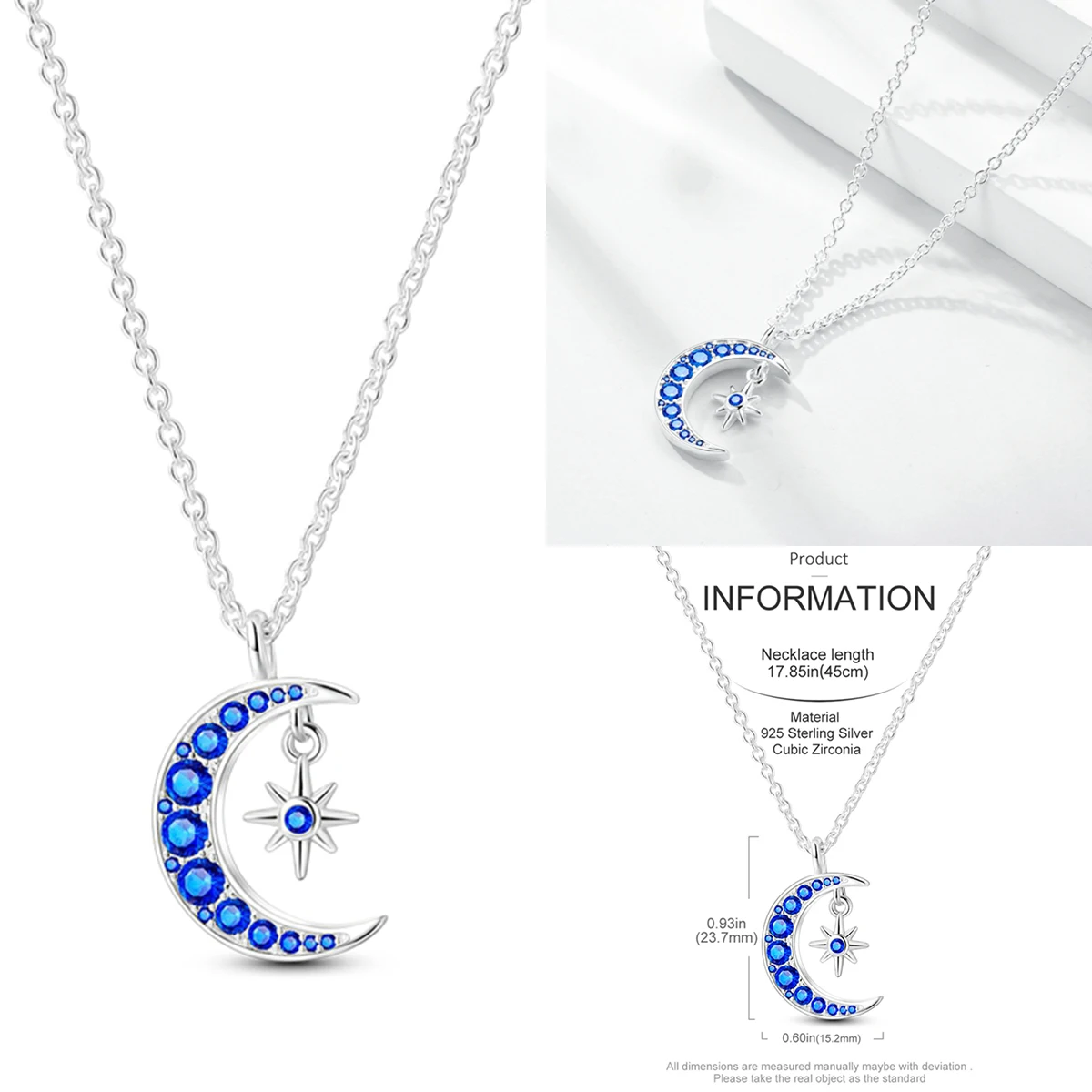 

Original 925 Sterling Silver Blue Moon Star Necklace Zirconia Crystal Jewellery Party Birthday Wedding Women Anniversary Gift