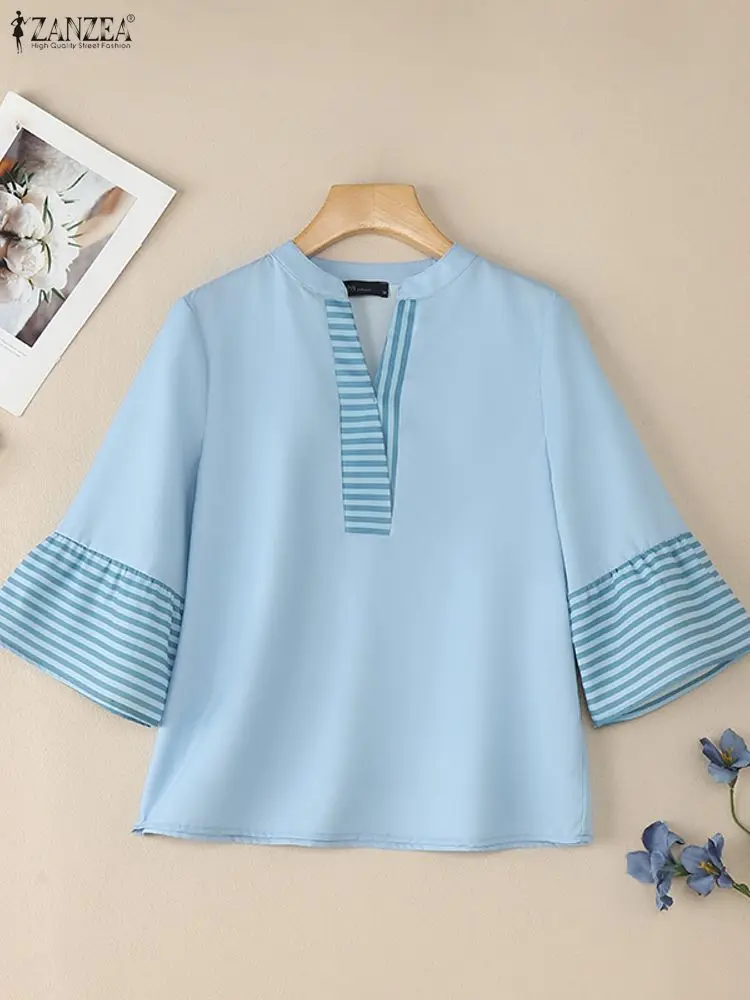 ZANZEA Camicette da donna patchwork a righe con scollo a V Manica svasata a 3/4 Pullover allentato Top Autunno 2025 Nuovo abbigliamento casual quotidiano S-3XL