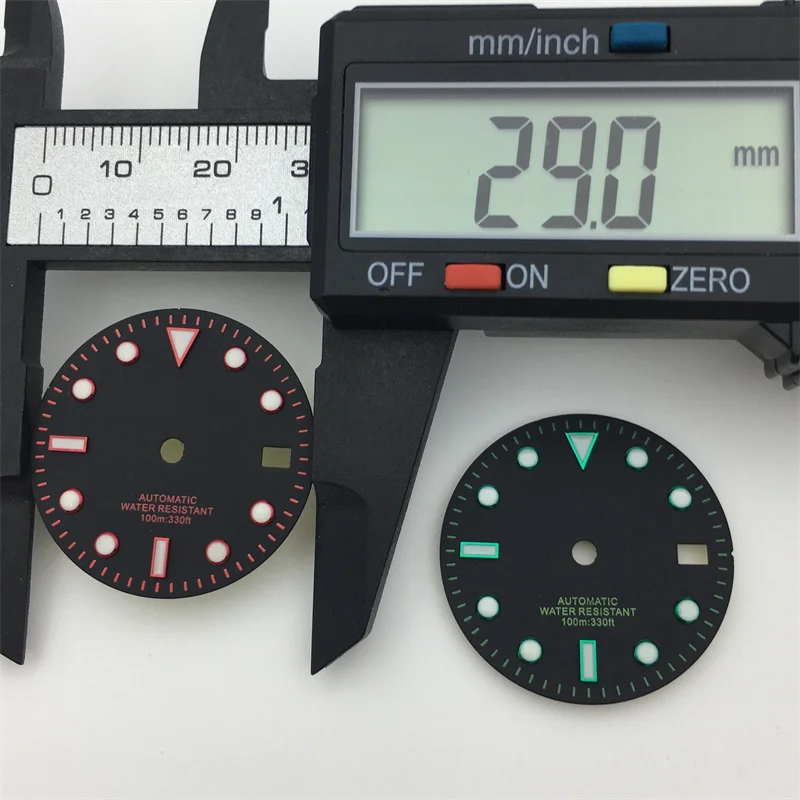 29mm black watch dial Red Blue Green index edge Green luminous  fit NH35 NH36 movement fit 3 o 'clock Crown 3.8 clock crown