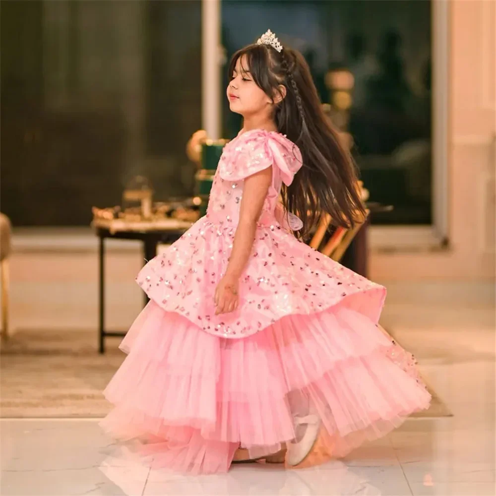 

Элегантное розовое блестящее платье с блестками и кристаллами с квадратным вырезом, трапециевидное платье с цветочным узором для девочек, плиссированные длинные бальные платья до щиколотки для первого причастия