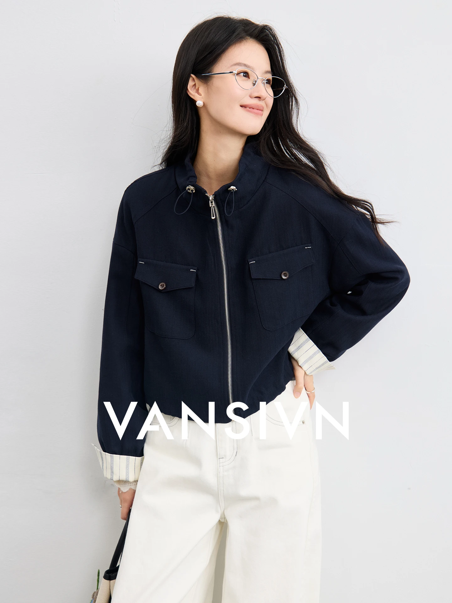 

Женская свободная повседневная куртка Van Xian, весна 2026, в полоску, с отворотами на рукавах, воротником-стойкой, для работы, из полиэфирного волокна