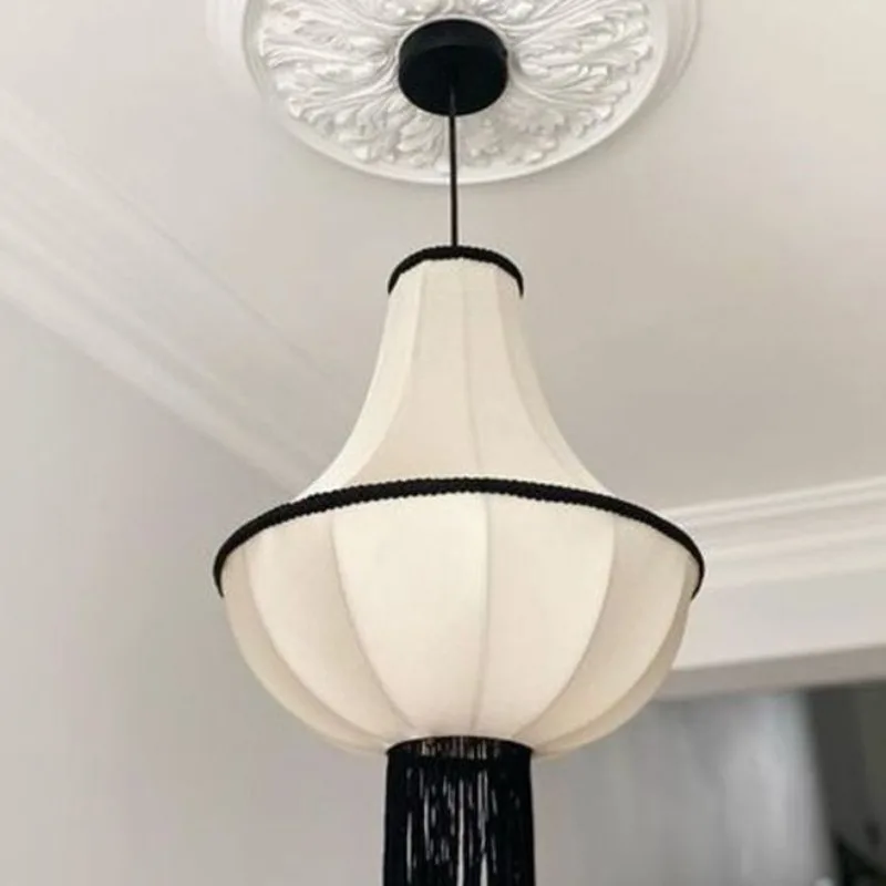 

French fabric chandelier white medieval cream living dining bedroom Nordic art simple lamp led pendant lights lamparas