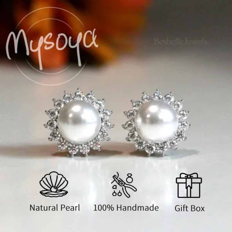 

Серьги-пусеты Mysoya с белым пресноводным жемчугом и серебряными подсолнухами из стерлингового серебра S925 в подарочной коробке для подарка на день рождения или свадьбу