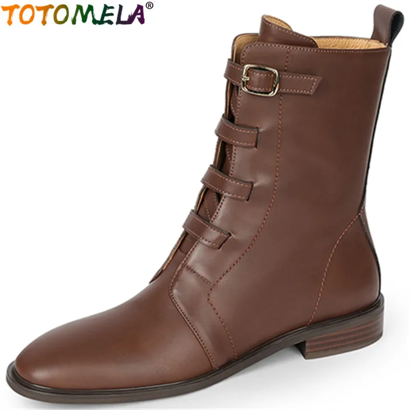 TOTOMELA 2022 New Vintage Square niskie obcasy obuwie zimowe oryginalne skórzane buty damskie Zipper botki