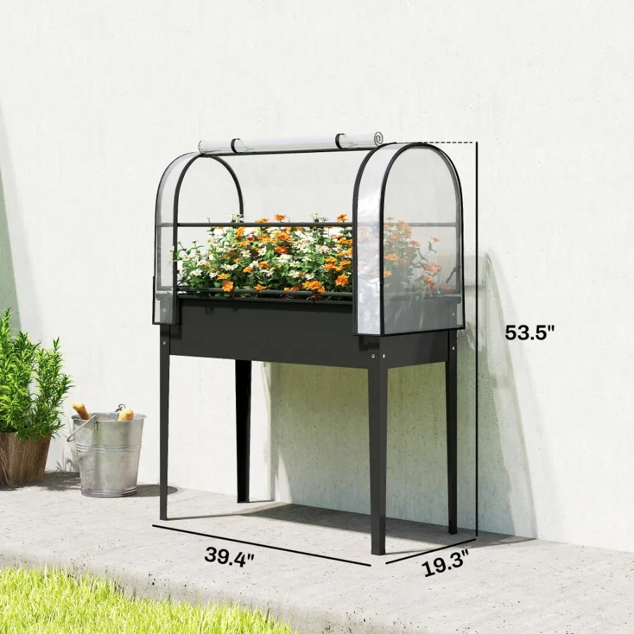 Raised Garden Bed with Flip-Up Greenhouse Cover, Metal Elevated Garden Bed with Legs and Drainage Hole, Black
