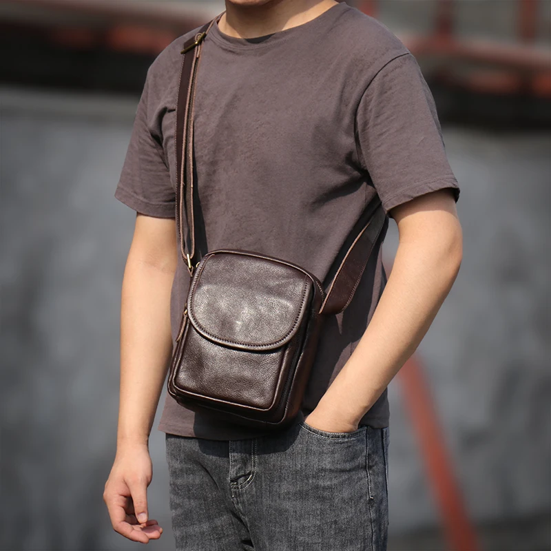 LUOKIR-Bolso cruzado de cuero auténtico para hombre, bandolera pequeña de piel de vaca, estilo Retro, informal, con personalidad, para iPad de 7,9