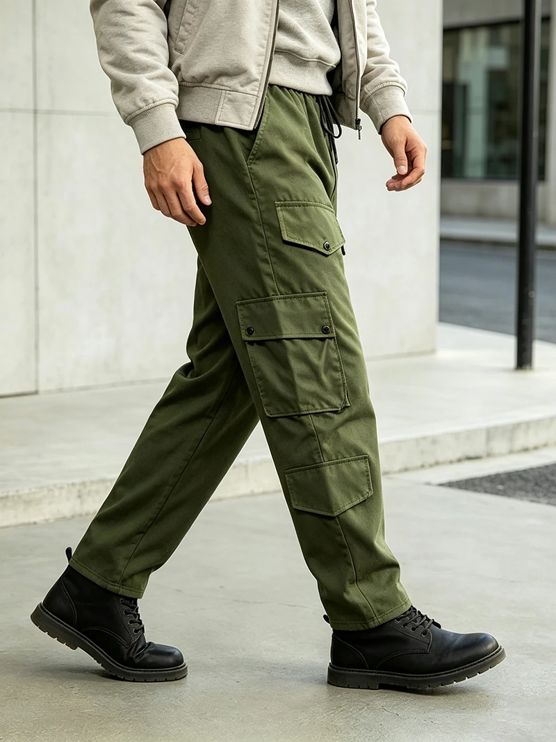 Herren Cargo-Hosen mit elastischem Bund, Kordelzug, mehreren Taschen, normaler Passform, geradem Bein, lässige Frühlings- und Herbst-Outdoor-Streetwear-Hosen – Detail 3
